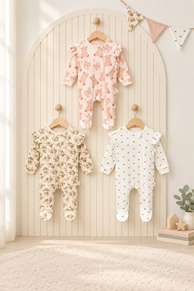 Tuğra Bebe 3’lü Fermuarlı Patikli Uzun Kollu Bebek Tulum Seti %100 Pamuklu 0-...