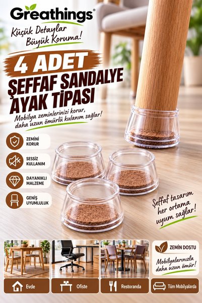 Greathings Şeffaf Yuvarlak Sandalye Ayak Tıpası 4 Adet, Taban Pedli Zemin Kor...