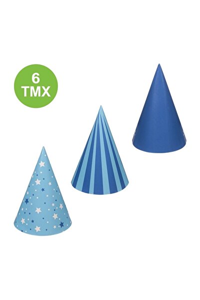 OEM Set 6 Coifuri Party din Carton Albastru cu Dungi și Stele, 16 cm
