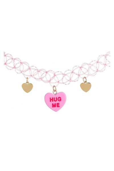 OEM Colier Choker Roz Împletit cu Inimi Aurii și Pandantiv „Hug Me” – Accesor...