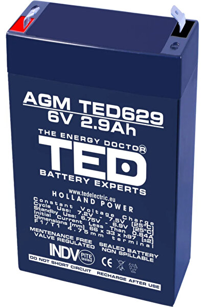 TED Acumulator AGM VRLA 6V 2.9Ah plumb acid 66x33x97 mm borne F1 Battery Expe...