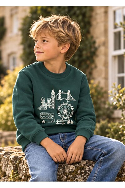Ozmoz By Mukadder Özden Organic London Printed Green Winter Boys' Sweatshirt