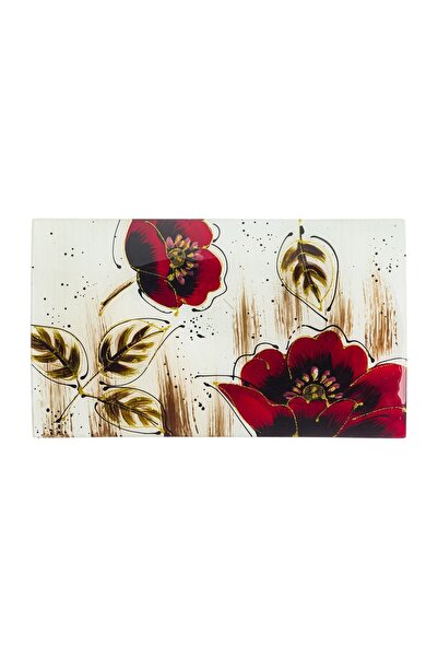 OEM Platou Decorativ de Craciun din Sticla Ecru Maci Rosii Glitter 42x24.5x4....