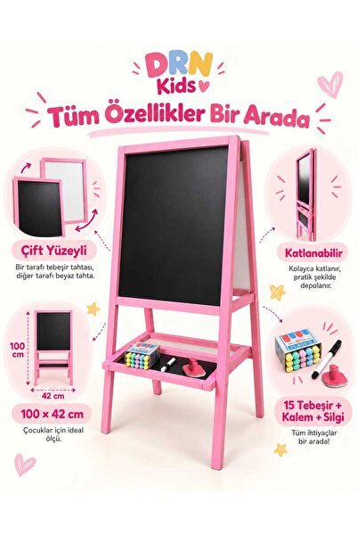 drn kids ve eğitim masal pembesi katlanabilir çift taraflı yazı tahtası, kalem , silgi ve 15 renkli tebeşir hediye