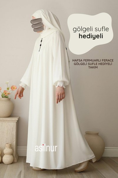 Hafsa Fermuarlı Ferace Gölgeli Sufle Hediyeli Takım Ekru