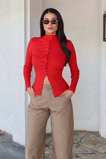 BEJNA Women's Red Pleated Detailed Buttoned High Collar Knit Sweater