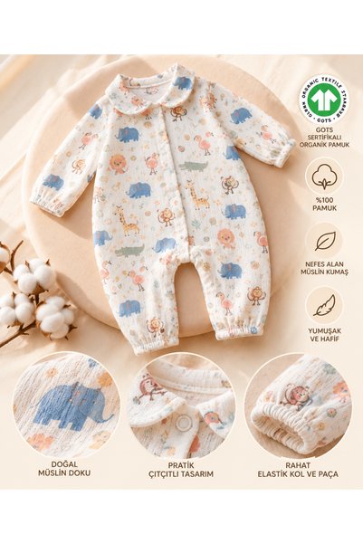 tinibud Gots Certified Fabric 100% Cotton Muslin Safari Patterned Breathable Baby Boy Romper