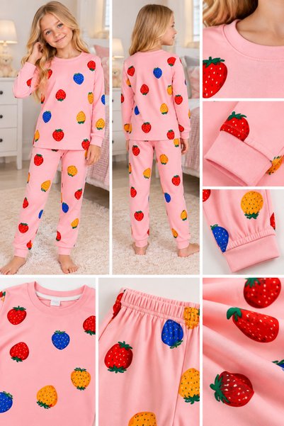 pijamino Girl's 100% Cotton Pink Strawberry Patterned Long Sleeve Pajama Set