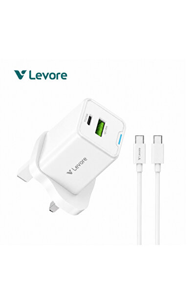 Levore شاحن حائط GaN USB و USB-C مع كابل مرفق 25 واط - أبيض