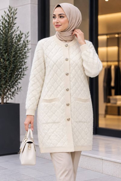 Avana collection Kadın Ekru Sakallı Angora Gold Düğmeli Cepli Hırka
