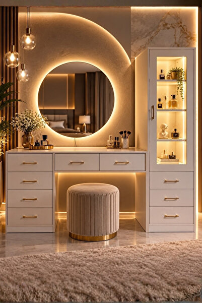 Setay LED Aydınlatmalı Aynalı Makyaj Masası, Lumera Çekmeceli Dolaplı Şifonyer