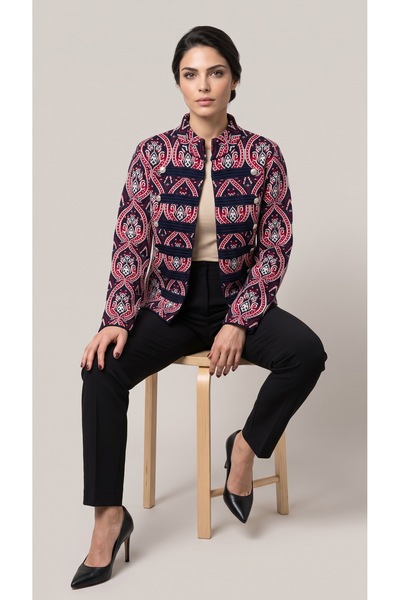 Yare NAPOLYON MODEL JAKARLI DESENLİ KISA LACİVERT KIRMIZILI CEKET