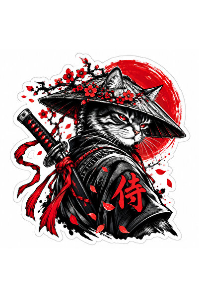 Oracal Autocolant Pisică Samurai Japoneză – Katana, Soare Roșu și Flori de Ci...