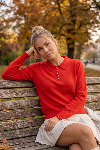 Chiccy Pulover casual din tricot cu guler polo roșu, mânecă lungă, cu nasturi...