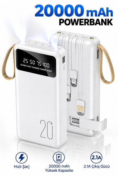 Abbruch 20000 mAh Powerbank Dahili Kablolu Hızlı Şarj Taşınabilir Şarj Cihazı...