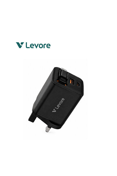 Levore شاحن حائط GaN بمنافذ USB-C و USB مع كابل مدمج 65 واط - أسود