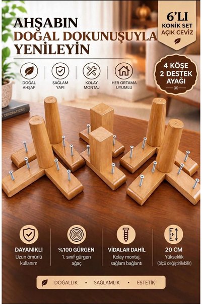 LEGORA WOOD DESIGN 20 cm Konik (Açık Ceviz 6'lı Set) Ahşap Mobilya Ayağı "4 K...