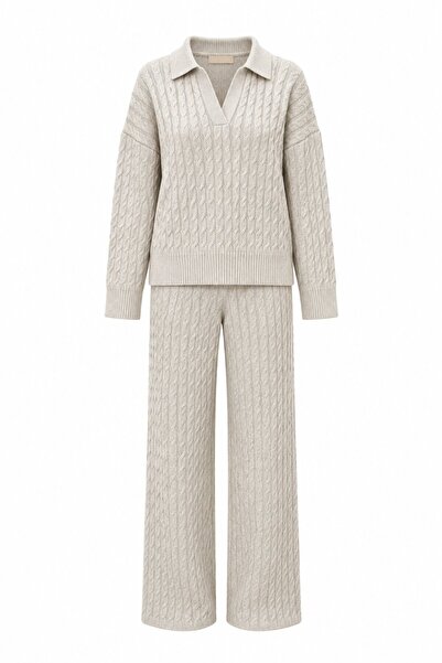 Laluvia Beigefarbenes gestricktes 2-teiliges Strickset - 2y98074