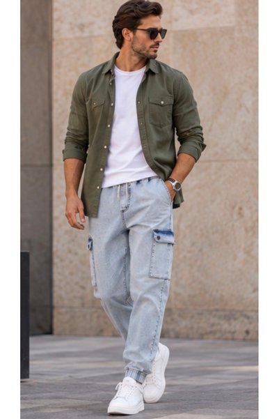 FORESEE Beli ve Paçası Lastikli Denim Jogger Pantolon