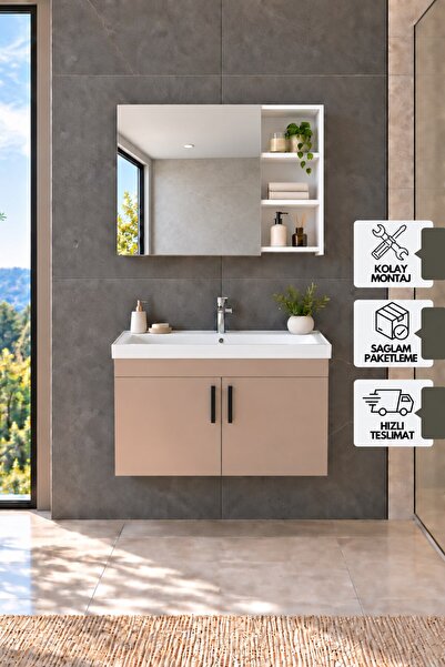 KAREN BANYO Latte 80 Cm, Lavabolu Banyo Dolabı, Lavabo Dahil, Ayna Dahil, Bey...