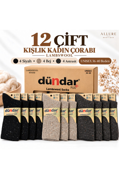 Dündar Plus Lambswool Unisex Winter Socks 12 Pairs – Plaid Pattern – Size 36-40