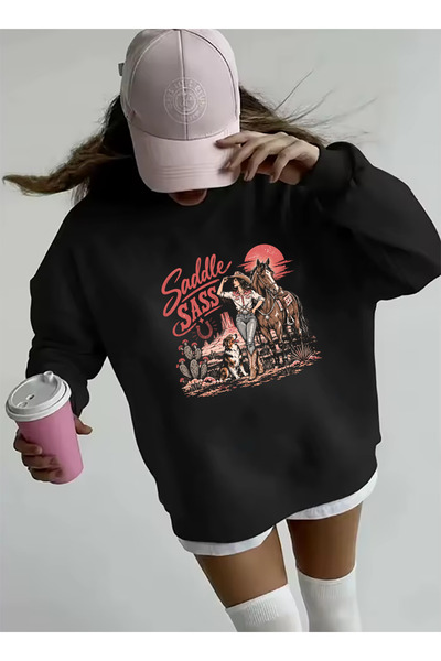 SUNFREE Retro Printed Oversize Cotton Long Sleeve Basic Sweatshirt