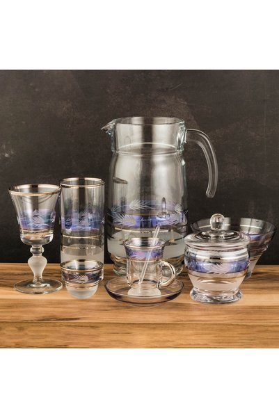 Byblos Luxury Glassware 77-Piece Hospitality Set for 12 - Integrated Tea, Coffee, and Juice Service with Two Pitchers, Glasses, Cups, Saucers, and Spoons - Elegant Blue and Silver Pattern