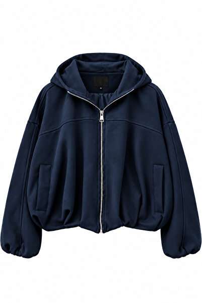 NET OF NOT Olivia ZR Model Kapüşonlu Oversize Bomber Kadın Lacivert Süet Deri...