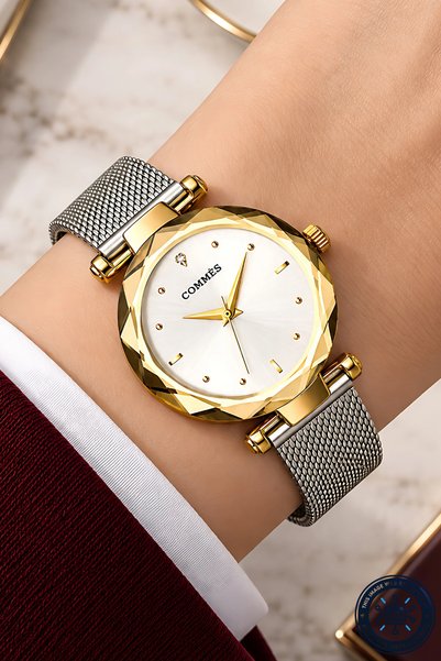 COMMES Silver-Gold Color Steel Cord Steel Case Women Wrist Watch Sdcms1103