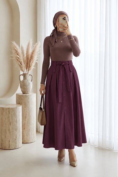 Hepsi Moda Buttoned Front Skirt with Pleated Detail - 3085 - Claret Red