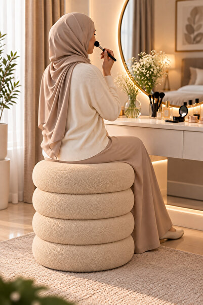 Taimi Beige Boucle Vanity Chair, Plush Upholstered Seat with Black Legs for B...