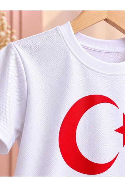 Lunas tekstil Children's Turkish Flag Moon Star Printed Unisex Short Sleeve T-Shirt April 23 October 29 Show T-Shirt