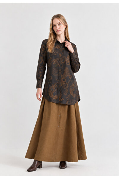Meşe Moda Kadın Kahverengi Şal Desenli Pamuklu Uzun Tunik Gömlek
