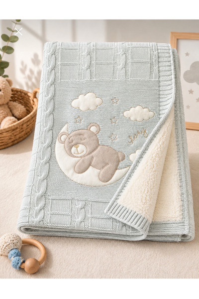 Mou&Kou Soft Teddy Bear Embroidered 90X90 Welsoft Knitwear Baby Blanket