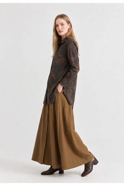 Meşe Moda Kadın Kahverengi Şal Desenli Pamuklu Uzun Tunik Gömlek