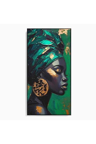 Luxcanva Tablou Canvas Eleganta Verde 70x140 cm cu Rama Negru Turban Femeie A...