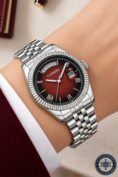 COMMES Silver-Red Color Steel Cord Steel Case Women Wrist Watch Sdcms1105
