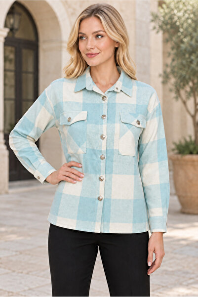 citystyle Women's Buttoned Long Sleeve Plaid Patterned Relaxed Cut Chest Pock...