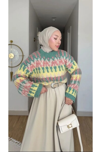 Trend Paris Women's Ethnic Patterned, Crew Neck, Loose Knit Sweater - Standar...