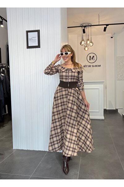 ModayButik Bej Ekose Dokuma Kumaş Pamuklu Maxi Elbise