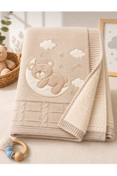 Mou&Kou Soft Teddy Bear Embroidered 90X90 Welsoft Knitwear Baby Blanket