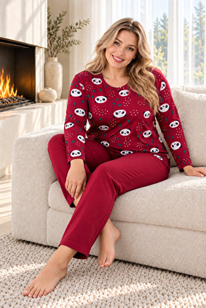 ELİTOL Σετ γυναικείες πιτζάμες Happy Panda Bordo Sandy Fabric Plus Size