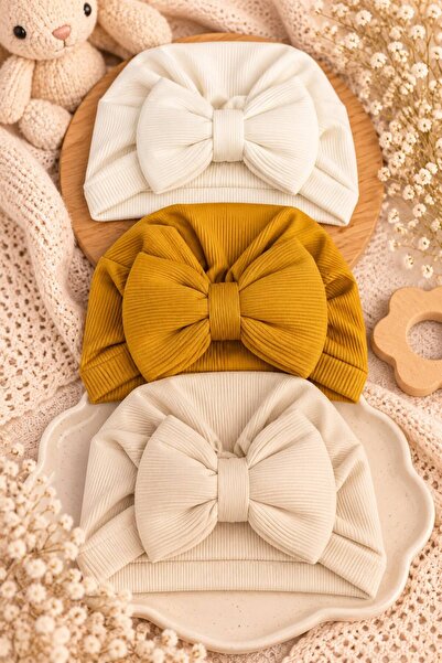 Pico Baby Bow-Tie Baby Bonnet Set of 3 (White/Mustard/Cream)