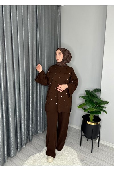 Genel Markalar MEYKAS MODA TAŞ DETAYLI TRİKO TAKIM KAHVERENGİ