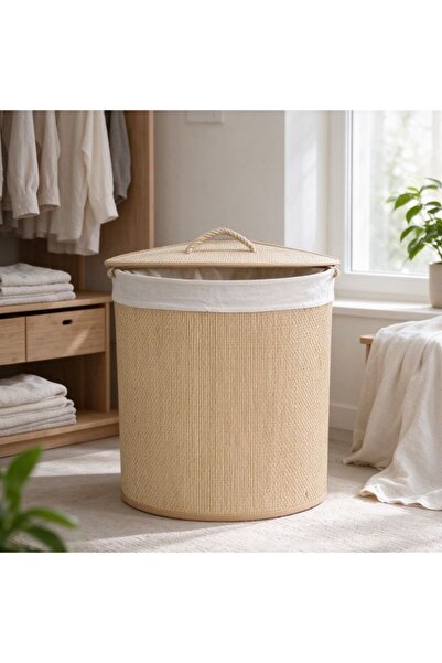 Kmt Style Round light-colored storage basket made of tricolor yarn, with lid,...