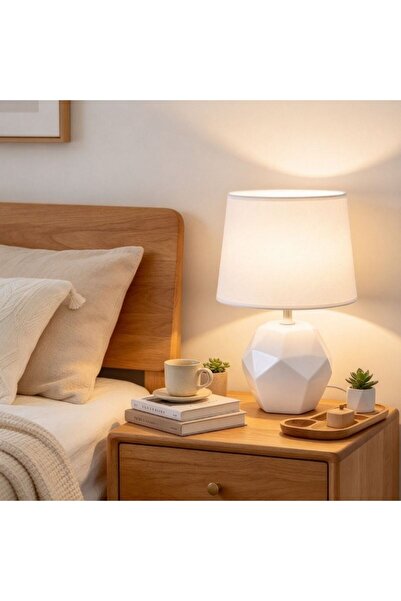 Kmt Style White ceramic bedside lamp with geometric diamond base, size 160×16...