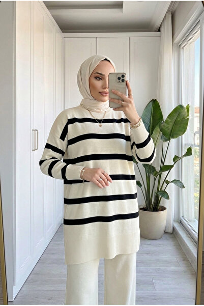 Kirazca Butik Women's Striped Knitwear Double Set Tunic Trousers