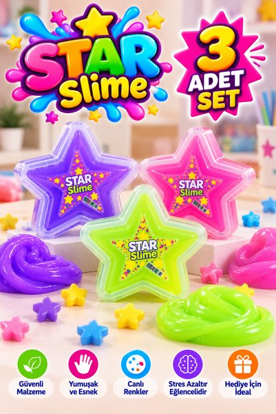 Alltoys Star Slime 3'lü Set – Yıldız Şeklinde Renkli Slime Oyuncak Seti, Esne...