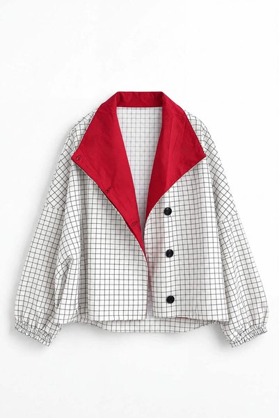 Sue Store Ecru Black Checkered High Collar Oversize Jacket