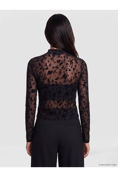 LC Waikiki Two Mt Shop Quality Lcw Vision Black Tulle Floral High Neck Long S...
